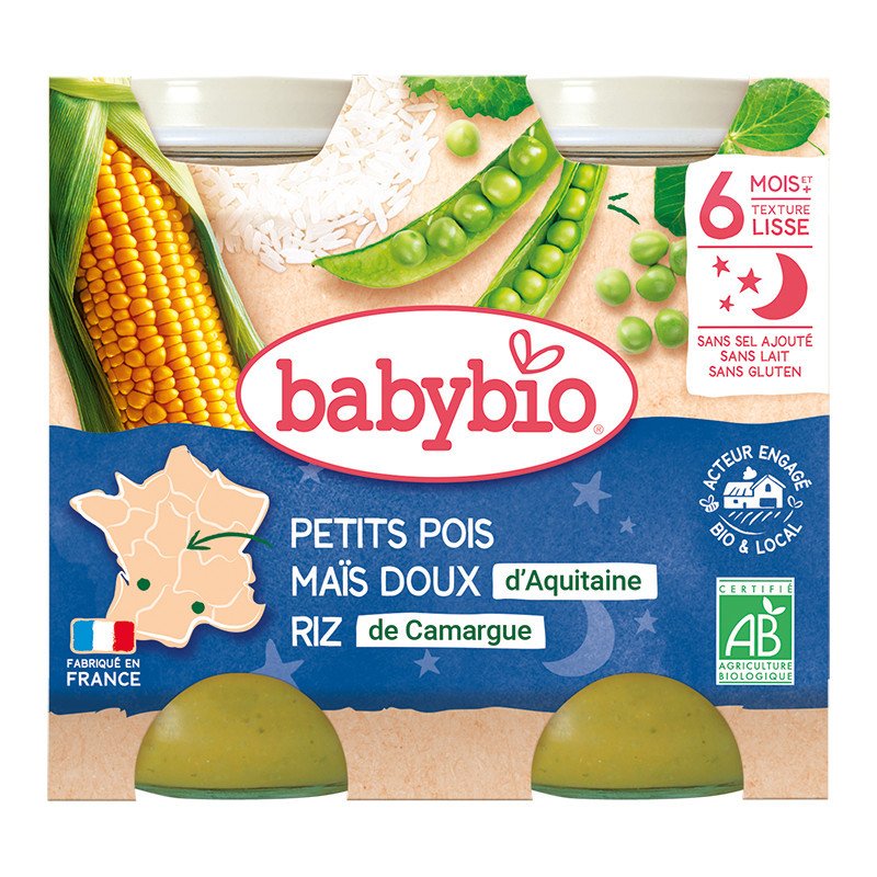 Petits pois Maïs doux d'Aquitaine Riz de Camargue Babybio