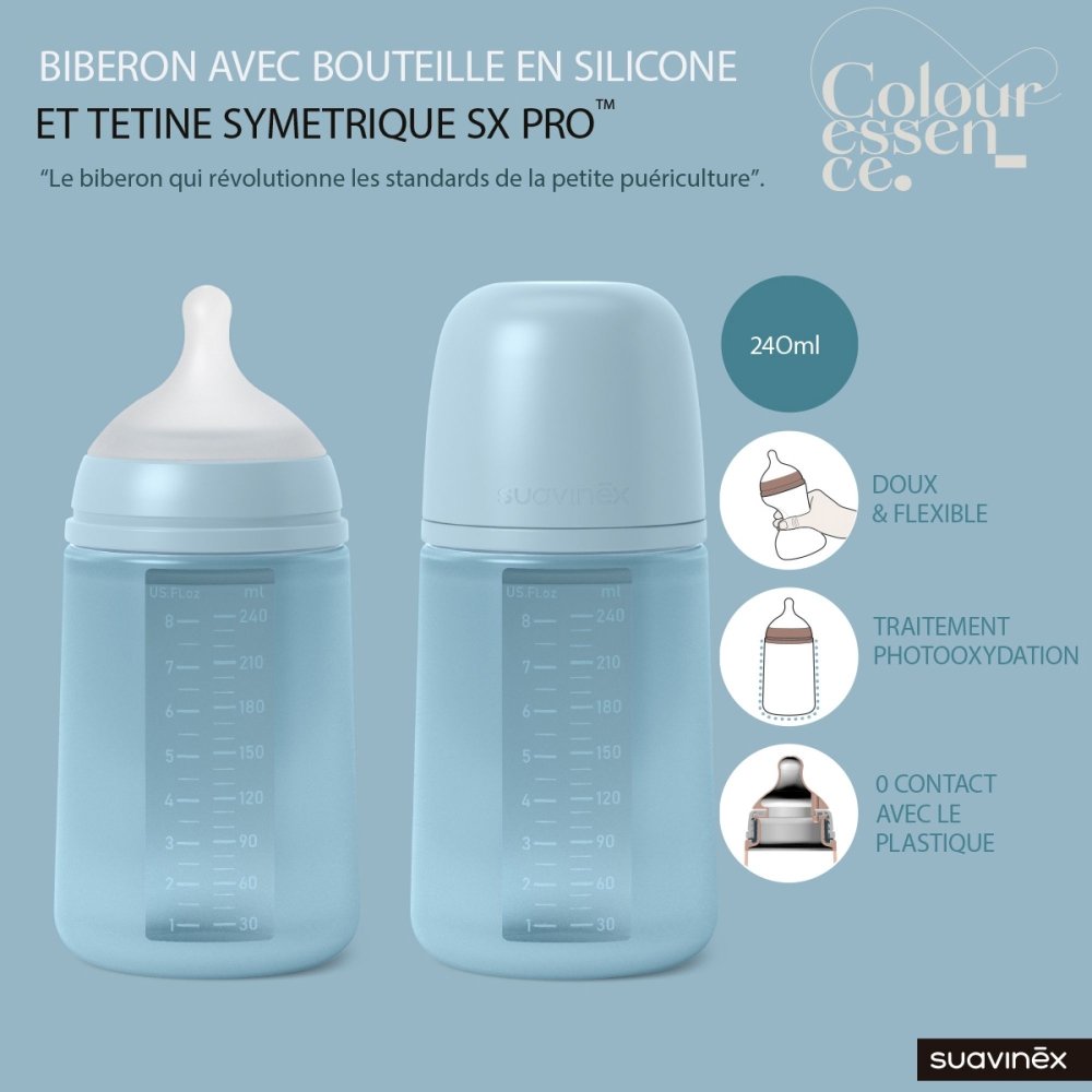 Biberon silicone tétine SX PRO M 240ML bleu Suavinex