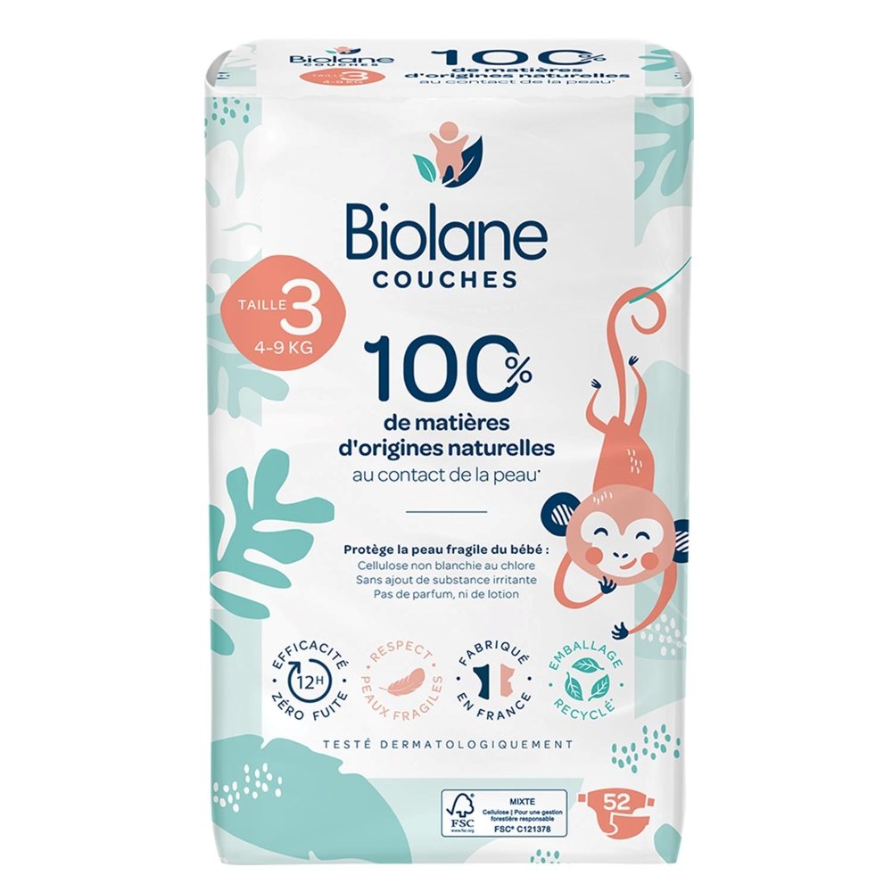 Couches naturelles 4-9 Kg taille 3 52 unités Biolane