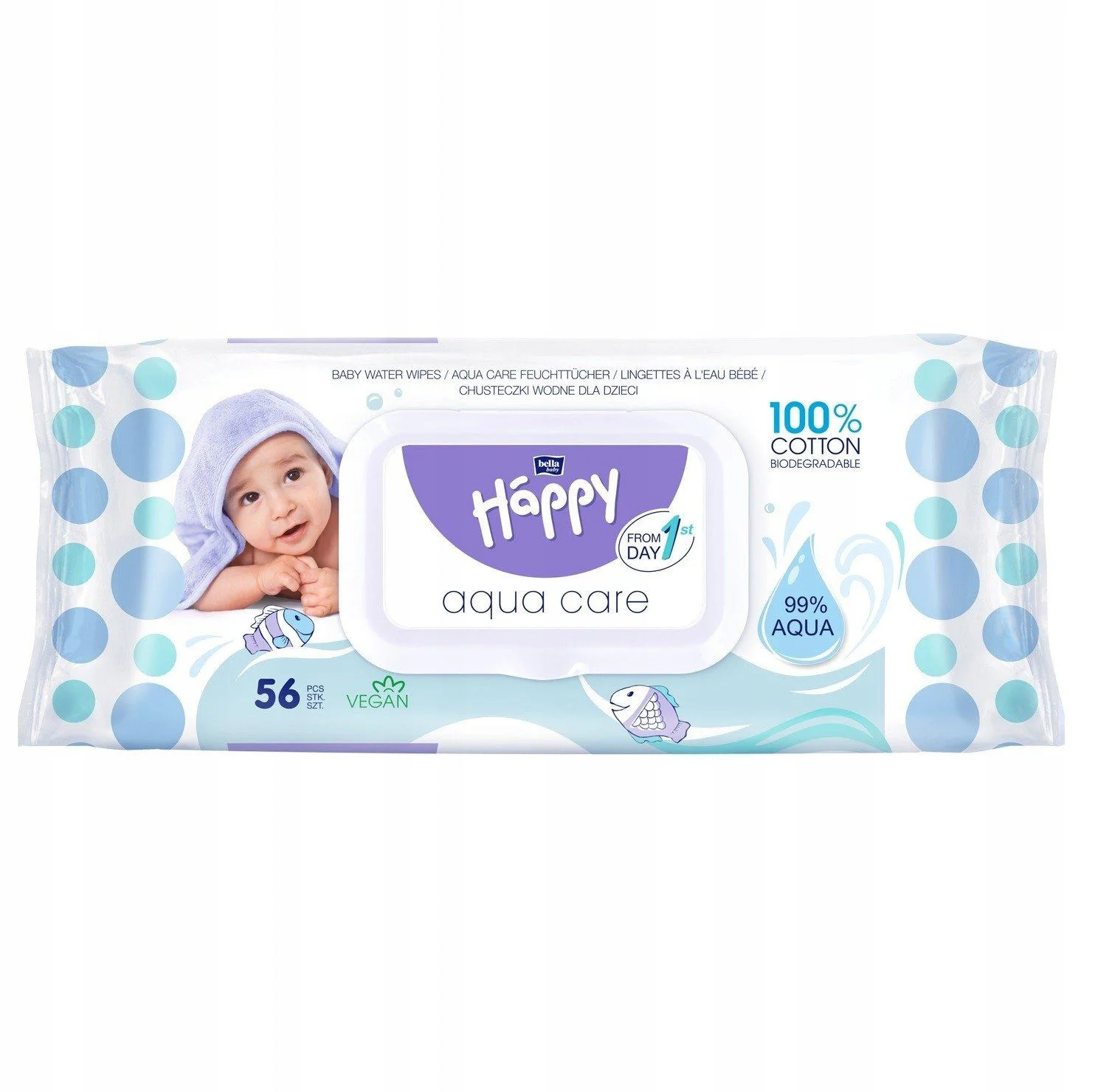 Lingettes Eau en coton aqua care 56unités Happy