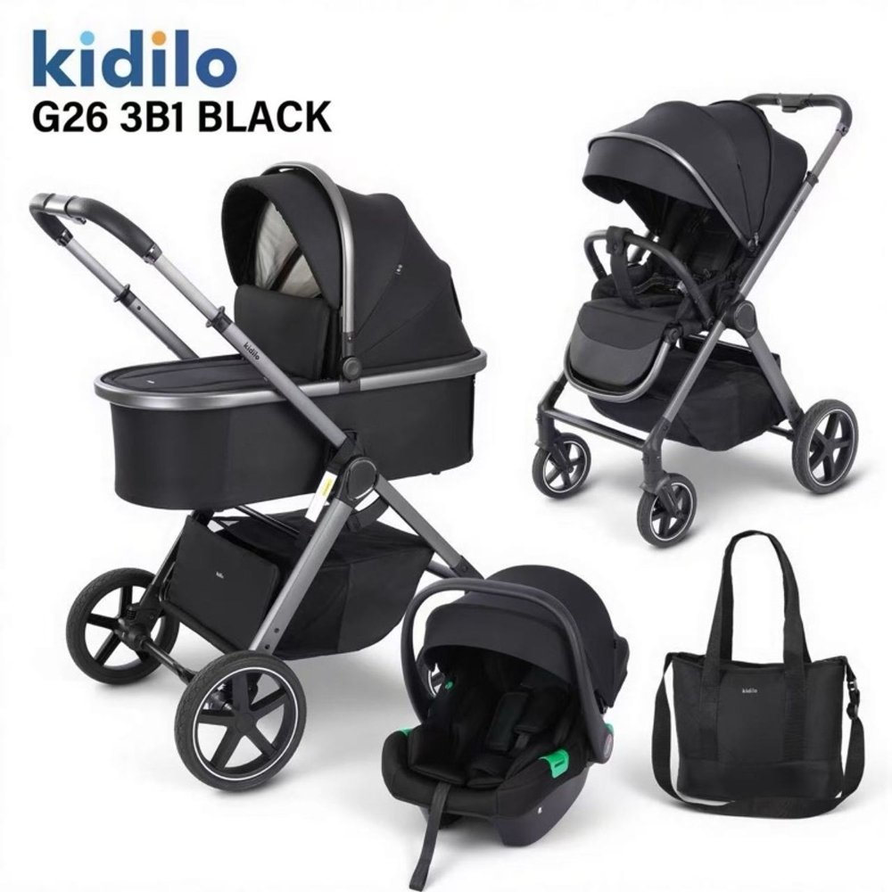Poussette 3en1 avec cosy et nacelle G26 noir Kidilo