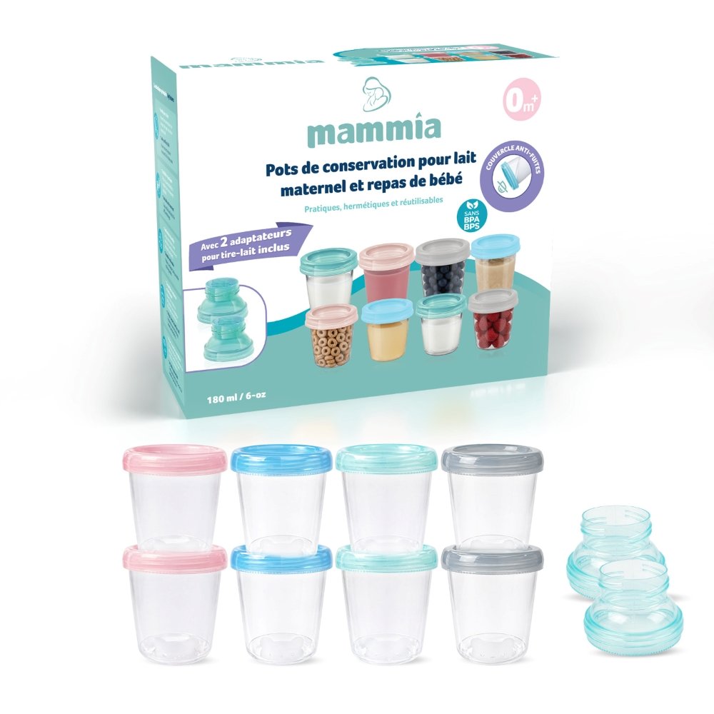 Pots de conservation Mammia 8*180ml +2 adaptateurs tire-lait